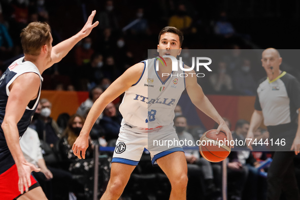 Matteo Spagnolo (C) of Italy in action during the FIBA Basketball World Cup 2023 Qualifying Tournament match between Russia and Italy on Nov...