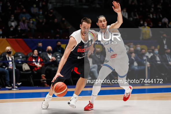 Stanislav Ilnitskiy (L) of Russia and Davide Alviti of Italy in action during the FIBA Basketball World Cup 2023 Qualifying Tournament match...