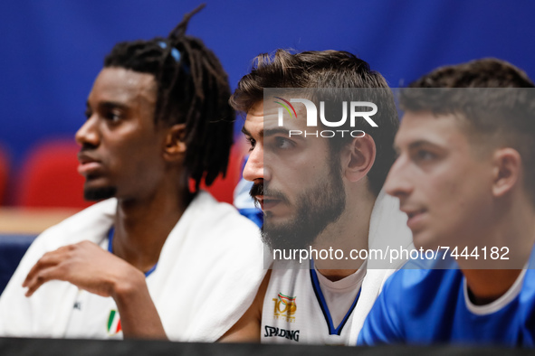 (L to R) Nicola Akele, Amedeo Tessitori and Giordano Bortolani of Italy look on during the FIBA Basketball World Cup 2023 Qualifying Tournam...