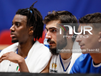 (L to R) Nicola Akele, Amedeo Tessitori and Giordano Bortolani of Italy look on during the FIBA Basketball World Cup 2023 Qualifying Tournam...