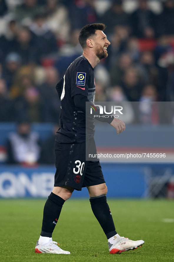 Leo Messi of PSG reacts during the Ligue 1 Uber Eats match between Paris Saint Germain and FC Nantes at Parc des Princes on November 20, 202...