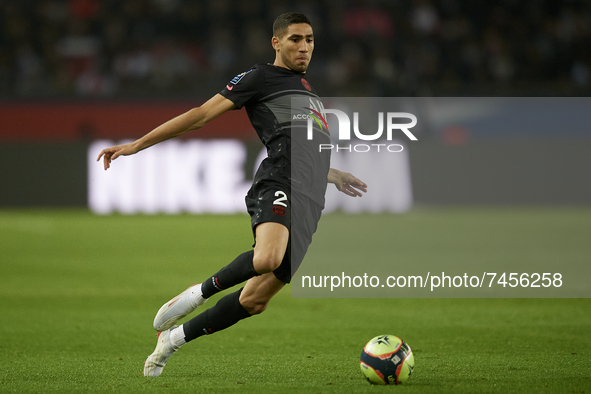 Achraf Hakimi of PSG in action during the Ligue 1 Uber Eats match between Paris Saint Germain and FC Nantes at Parc des Princes on November...