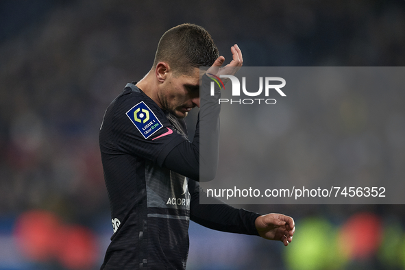 Marco Verratti of PSG reacts during the Ligue 1 Uber Eats match between Paris Saint Germain and FC Nantes at Parc des Princes on November 20...