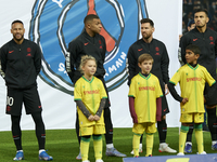 Neymar, Kylian Mbappe, Leo Messi and Leandro Paredes of PSG prior to the Ligue 1 Uber Eats match between Paris Saint Germain and FC Nantes a...