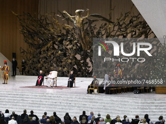 Pope Francis attends his weekly general audience in the Paul VI Hall at the Vatican, Wednesday, Dec. 1, 2021.  (