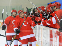 Turkey team in the match between New Zealand and Turkey, corresponding to the first day of Group B of the World Ice Hockey match at the Ice...