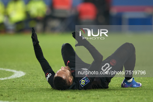 Neymar of PSG lies injured on the pitch during the Ligue 1 Uber Eats match between Paris Saint Germain and FC Nantes at Parc des Princes on...