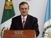 Mexican Foreign Affairs Minister Marcelo Ebrard, speaks  during the agreement of the creation of a group against the international human tra...