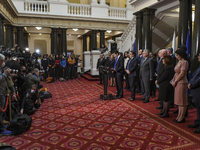 Bulgaria's new Prime Minister and leader of We Continue the Change (PP) party Kiril Petkov  presenting cabinet members in front of media in...