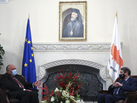 Egypt's foreign minister Sameh Shoukry, left, during a meeting with Cyprus' president Nicos Anastasiades  at the presidential palace in the...