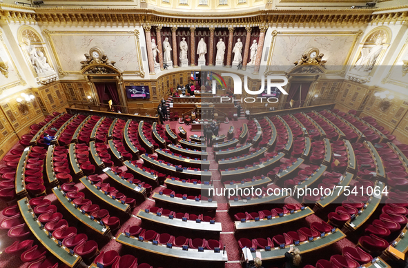 The hemicycle of the Senate after the end of the Session of questions to the government at the French Senate - December 15, 2021, Paris 