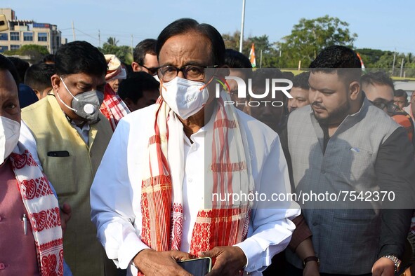 Former union minister and Congress leader P Chidambaram arrives to attend the three-day 'Special Training Camp' of the Assam Pradesh Congres...