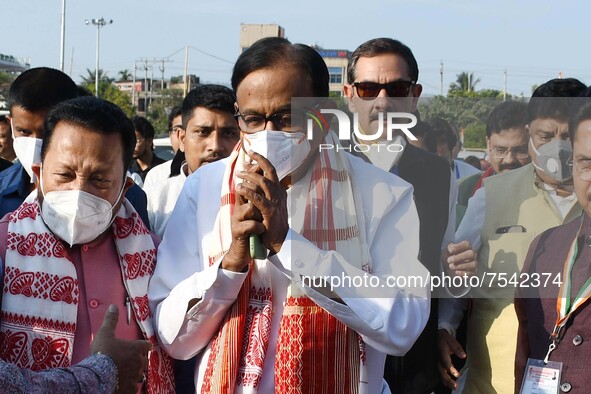 Former union minister and Congress leader P Chidambaram arrives to attend the three-day 'Special Training Camp' of the Assam Pradesh Congres...