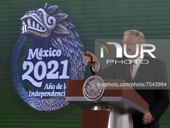 The President of Mexico, Andrs Manuel Lpez Obrador gesticulates while talks during his daily morning briefing conference  before the media,...