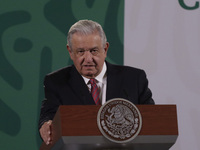 The President of Mexico, Andrs Manuel Lpez Obrador gesticulates while talks during his daily morning briefing conference  before the media,...