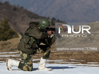 Border Security Force (BSF) soldiers taking positions during patrolling at a forward post in Baramulla, Jammu and Kashmir, India on 31 Decem...