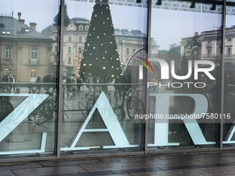 Zara logo is seen on the shopping mall in Krakow, Poland on December 30, 2021. (