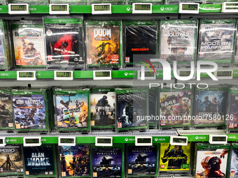 Video games are seen at the store in Krakow, Poland on December 30, 2021. (