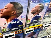 FIFA22 game boxes are seen at the store in Krakow, Poland on December 30, 2021. (