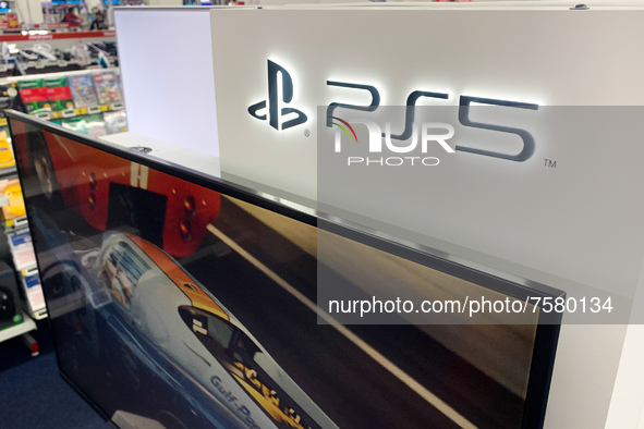 PlayStation 5 logo is seen at the store in Krakow, Poland on December 30, 2021. 