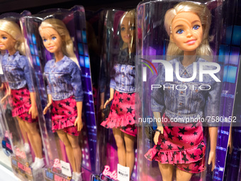 Barbie dolls are seen at the toy shop in Krakow, Poland on December 30, 2021.  (
