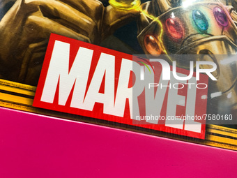 Marvel logo is seen on a product at the store in Krakow, Poland on December 30, 2021. (