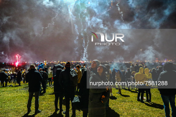 People celebrate New Year at Krakus Mound in Krakow, Poland on 1st January 2022.
 