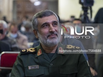 Iranian Commander of Aerospace Force of the Islamic Revolutionary Guard Corps (IRGC), Amir Ali Hajizadeh, smiles while attending a death ann...