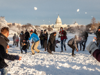 People engage in a huge snowball fight on the National Mall after an unexpected snowstorm dumped roughly 8 inches on snow on Washington, DC....