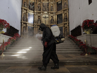 A worker sanitises the interior of the Cathedral of San Bernardino de Siena in Xochimilco, Mexico City, following the increase in COVID-19 i...
