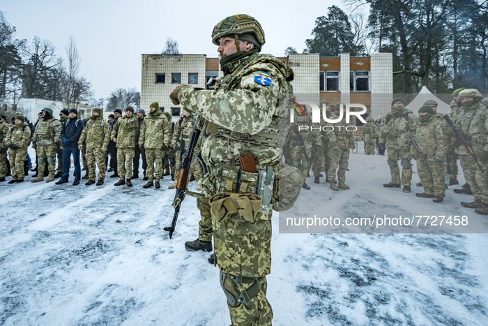 Military trainer of the 112th Territorial Defense Brigade of Kiev during a military exercise for civilians in the outskirts of the city. The...