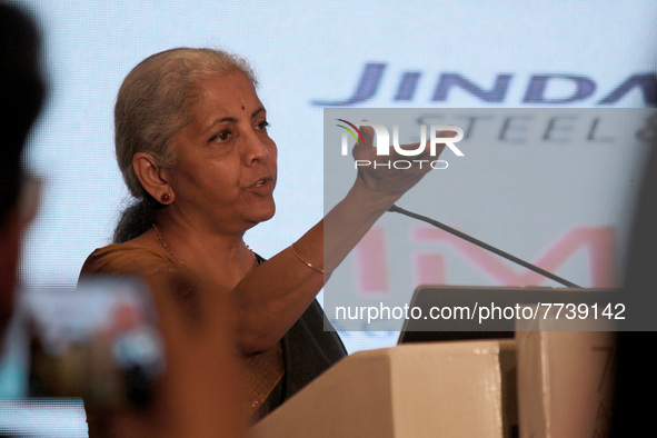 Union Finance Minister Nirmala Sitharaman address during a-post budget interactive session on implications of Union Budget 2022-23, in New D...