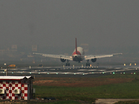 An Air India aircraft prepares to land at the Netaji Subhash Chandra Bose International Airport in Kolkata,India on February 08,2022. (