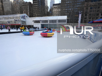 People ride ice-bumper cars at The Rink at Bank of America Winter Village at Bryant Park on February 10, 2022 in New York City. Despite a re...