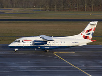 British Airways Dornier Do-328JET-300 aircraft as seen in Eindhoven airport EIN during the taxiing, takeoff, and flying phase departing to A...