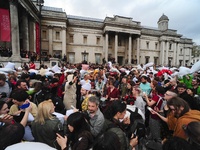 Hundreds of people gathered in front of Trafalgar Square, for the annual pillow fight. (