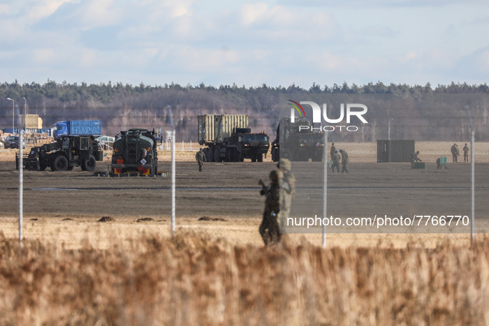 Military vehicles are seen at the military base for U.S. troops which being established at the Mielec Airport. Mielec, Poland on February 12...