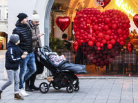 St. Valentine's Day decorations are seen at the square in Gliwice, Poland on February 14, 2022.  (