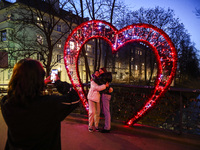 St. Valentine's Day decorations are seen on a footbridge in Gliwice, Poland on February 14, 2022.  (