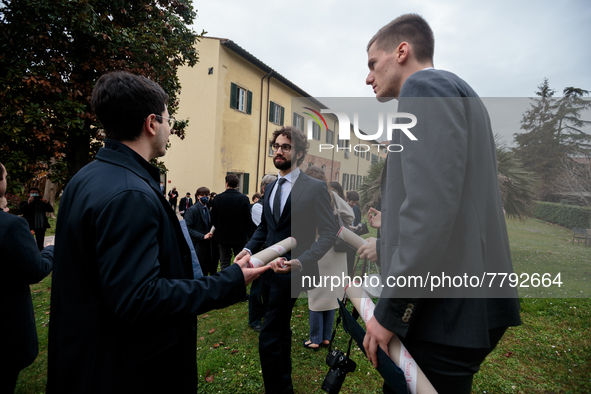 Students of Scuola Superiore San'Anna-university celebrate their diplomas in Pisa, Italy, on February 19, 2022.  Ceremony for the awarding o...