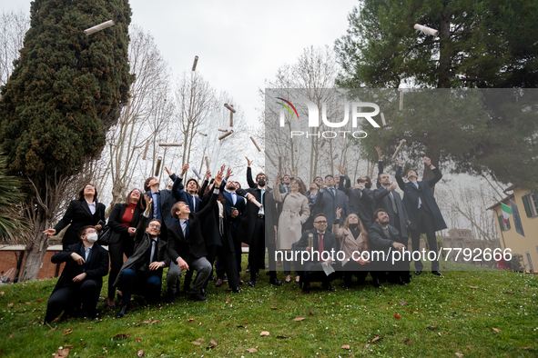 Students of Scuola Superiore San'Anna-university celebrate their diplomas in Pisa, Italy, on February 19, 2022.  Ceremony for the awarding o...