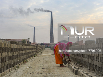 Workers are working at a brickyard in Dhaka Bangladesh on February 20, 2022.(