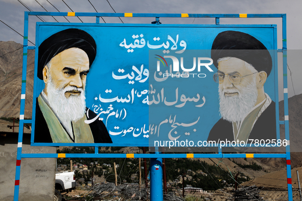 Sign with the image of Ayatollah Khomeini in the Khomeini Chowk area of the town of Kargil in Ladakh, Jammu and Kashmir, India. The town is...