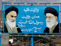 Sign with the image of Ayatollah Khomeini in the Khomeini Chowk area of the town of Kargil in Ladakh, Jammu and Kashmir, India. The town is...