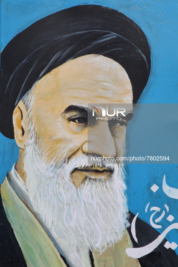 Close-up of a sign with the image of Ayatollah Khomeini in the Khomeini Chowk area of the town of Kargil in Ladakh, Jammu and Kashmir, India...
