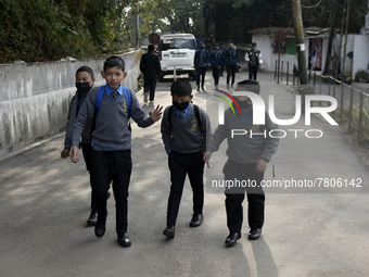 School children walks near Darjeeling mall, West Bengal, India, 22 February, 2022. Darjeeling mall is a famous place for tourists. Darjeelin...