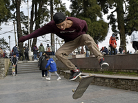 College boys practice skateboard near Darjeeling Mall, West Bengal, India, 22 February, 2022. Darjeeling mall is a famous place for tourists...