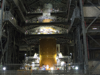 Artemis 1 stands in the Vehicle Assembly Building at Kennedy Space Center, Florida, USA with working platforms closed. It is being prepared...