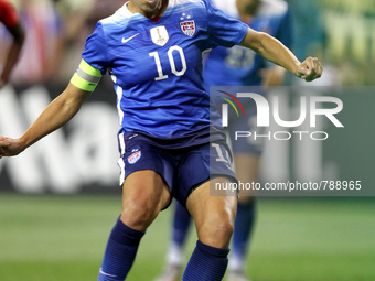 US midfielder Carli Lloyd scores a goal on a penalty kick at 37 minutes in the International Friendly match between the United States and Ha...