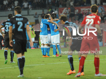 Allan of SSC Napoli celebrates with team mates during the italian Serie A football match between SSC Napoli and at San Paolo Stadium on Sept...